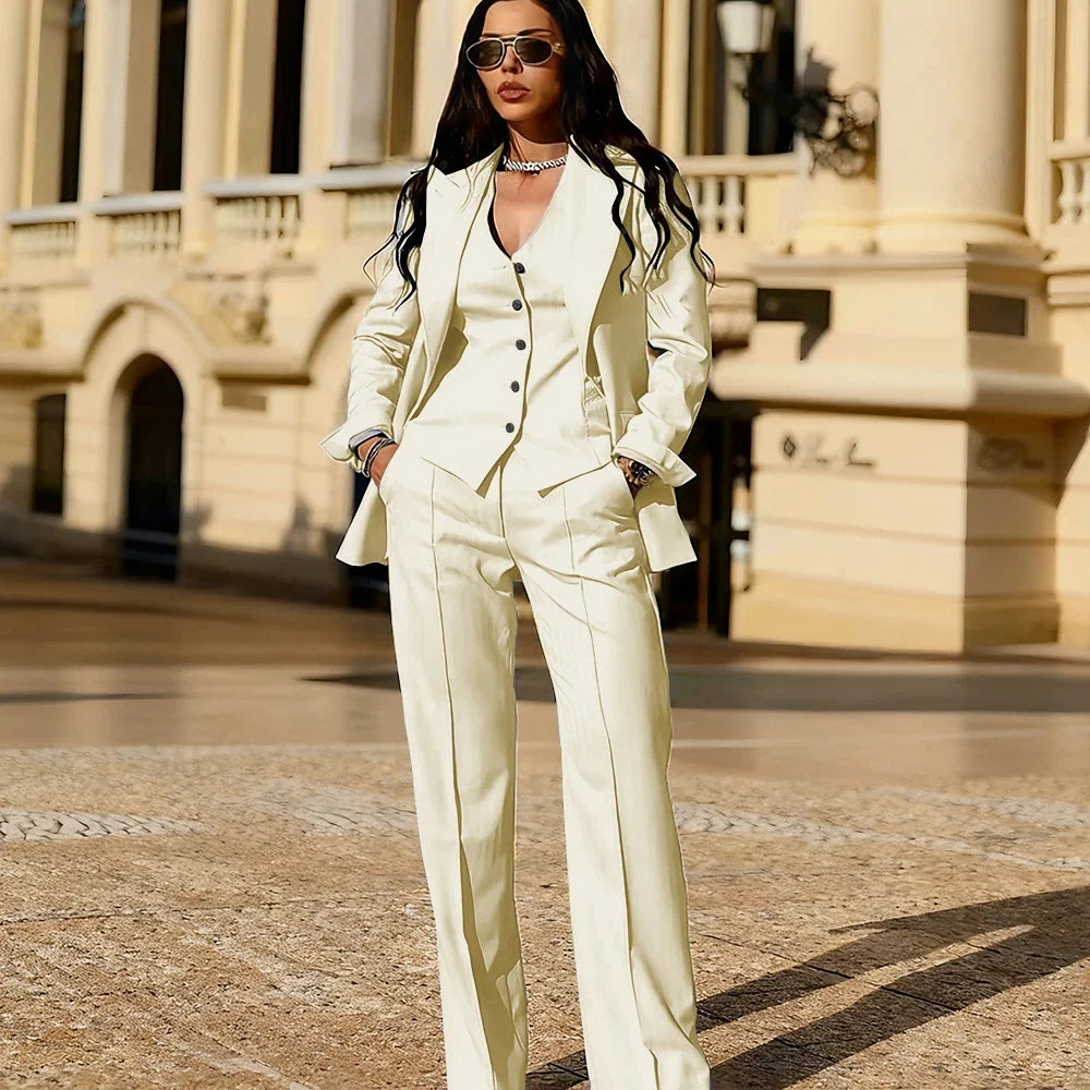 Light Blue 3 Piece Suit Set New Women's Jackets Single Breasted Peaked Lapel Blazer+Vest+Pants Formal Office Commute Outfit