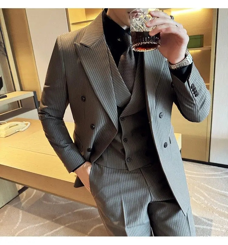 Korean Slim Fitt Wedding Suit Fashion Striped Double Breasted Suit 3 Piece Set Business Formal Casual Party Prom Host Suits