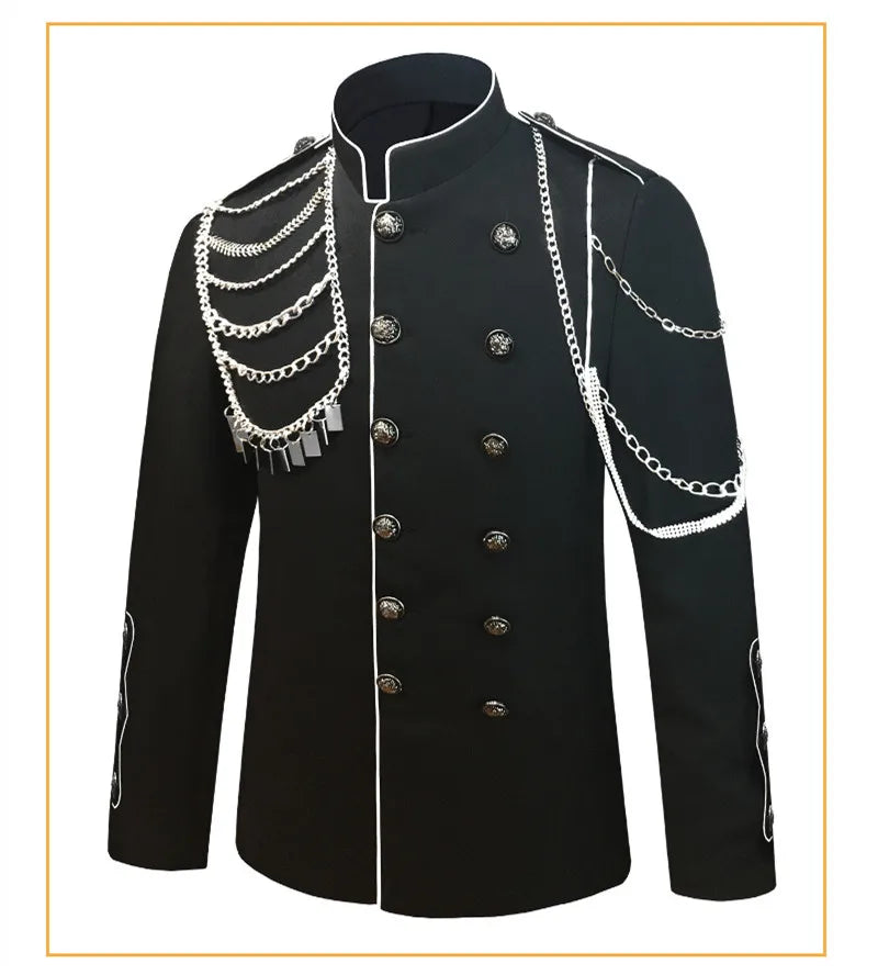 Men's Punk Style Court Jacket with Epaulet Metal Tassel Blazer for Nightclub Singer Dancer Performance Outerwear Stage Wear