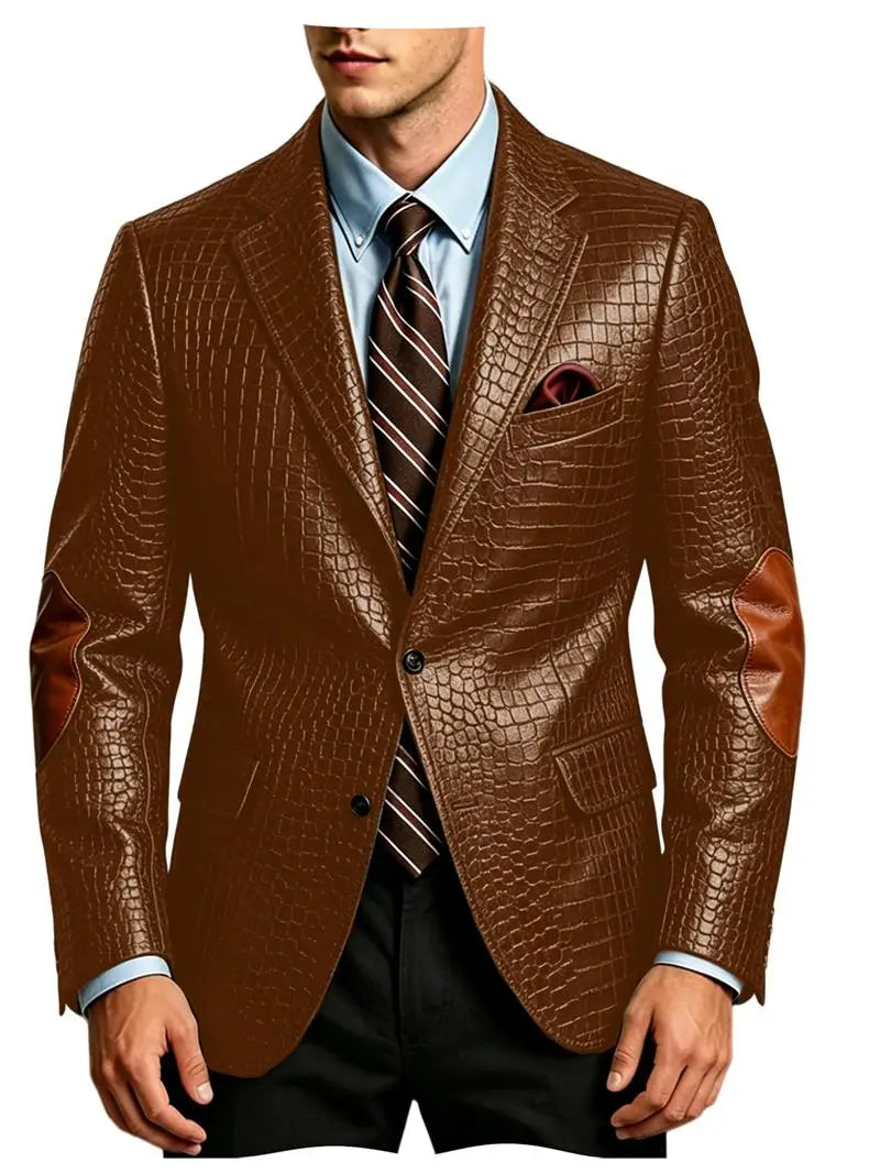 Men's Crocodile Embossed Leather Brown Jacket Patchwork Lapel Collar Slim Fit Luxury PU Blazer For Business Casual Party