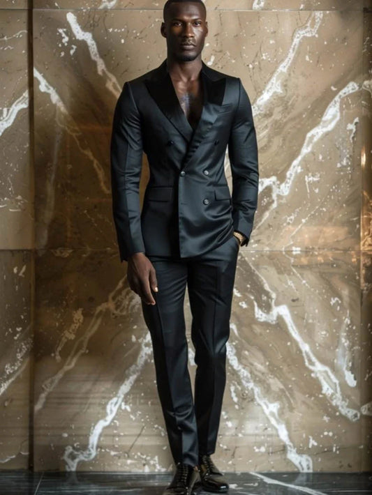 Black Men's Double Breasted Suit Set 2 Pieces Dancing Wear Fashionable Man Slim Fit Suits Banquet Outfit Classic Elegant Tuxedo