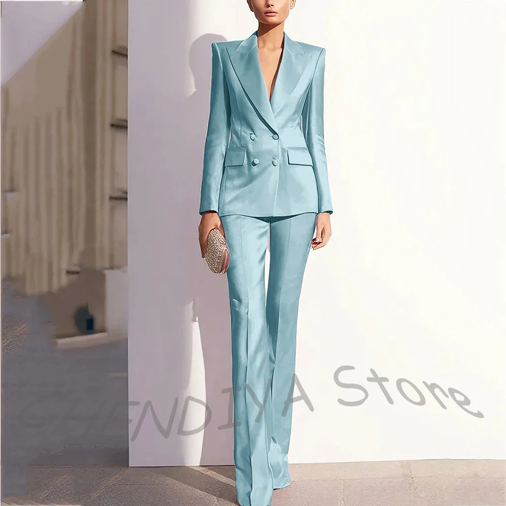 Luxury Satin Women Pants Suit Tailored Business Attire Dusty Rose 2 Piece Peak Lapel Straight Formal Outfit Daily Office Set