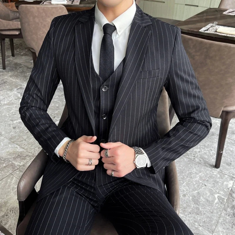 2024 Slim Fit Striped Three-Piece Business Suit Vest Trousers Set Korean Fashion Trend Handsome Wedding Outfit