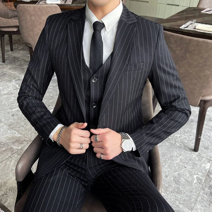 2024 Slim Fit Striped Three-Piece Business Suit Vest Trousers Set Korean Fashion Trend Handsome Wedding Outfit