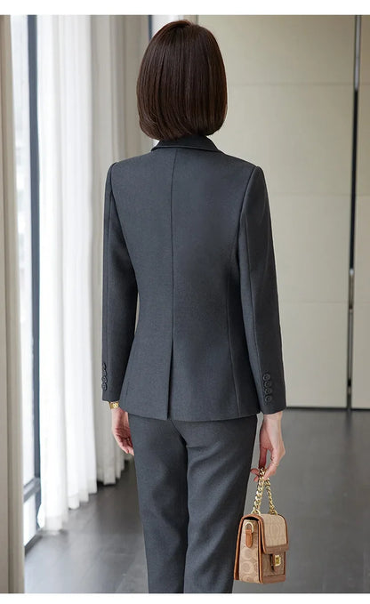 Ladies Blazer And Pant Suit Formal Army Green Khaki Gray Black Solid Women Jacket Trouser Female Business Work Wear 2 Piece Set