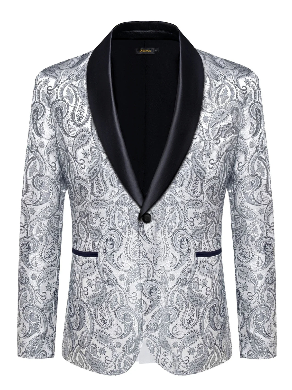 Men's Silver & Multi-Color Paisley Print Blazer with Black Satin Lapel for Wedding Formal Events