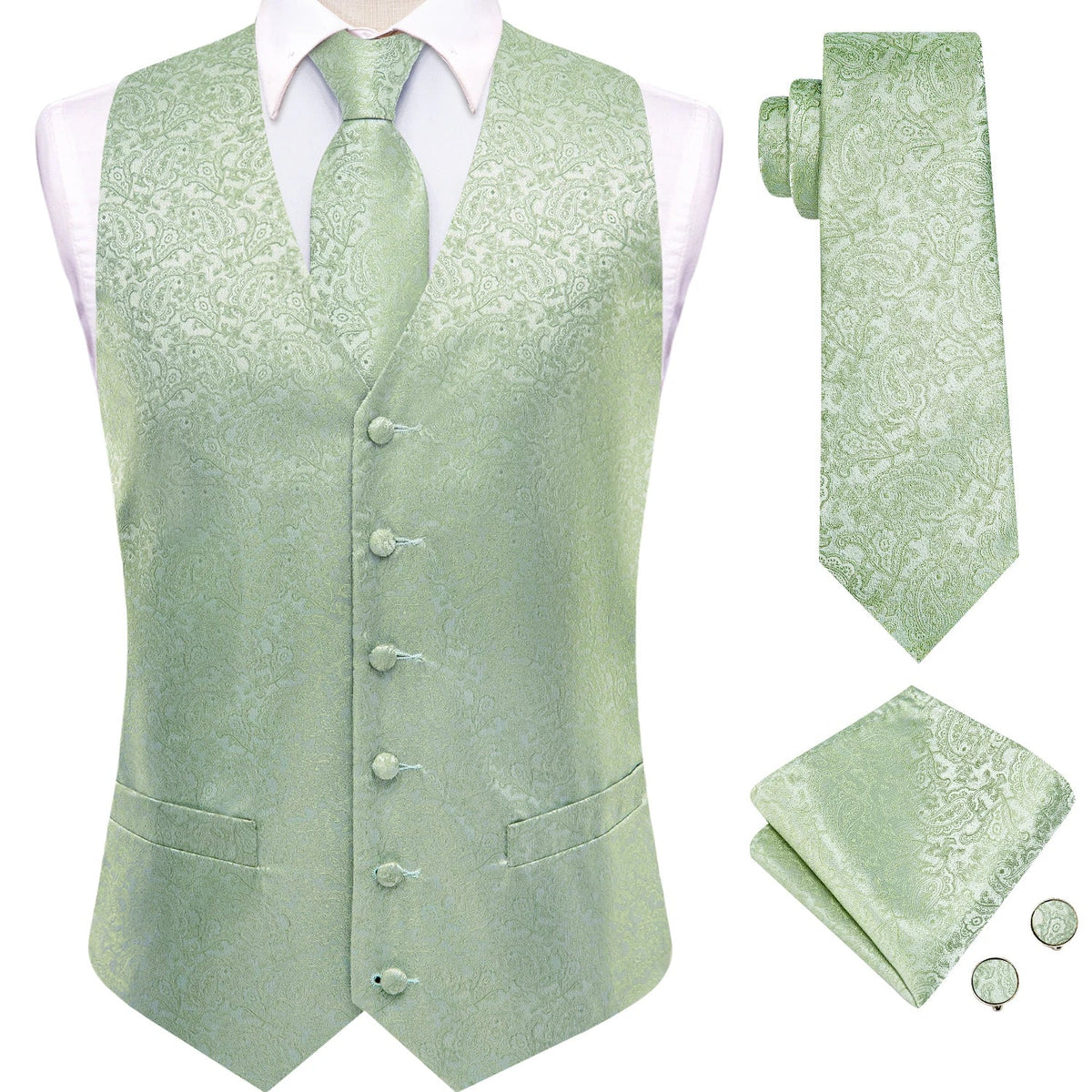 Men's Paisley Vest Set – Mint Green Formal Waistcoat with Tie, Pocket Square & Cufflinks for Weddings