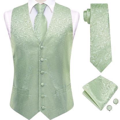 Men's Paisley Vest Set – Mint Green Formal Waistcoat with Tie, Pocket Square & Cufflinks for Weddings