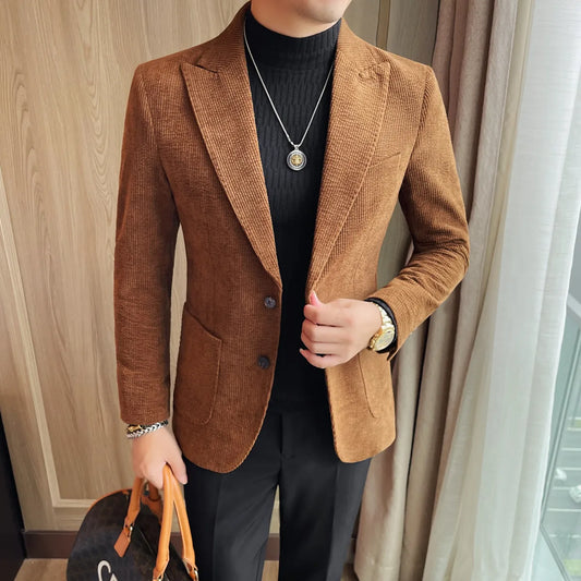 Men's Smart Casual Single Breasted Blazer – Spring Autumn Jacket in Green, Black & Coffee