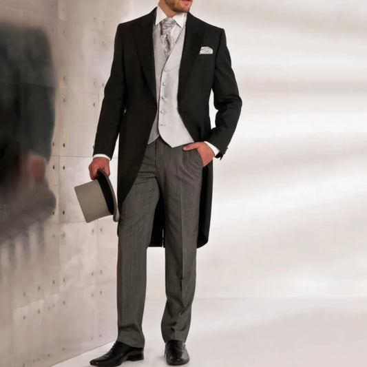 Men Suit 3 Pieces Black Single Button Stripe For Wedding Banquet Birthday Party Business Work Office Set Jacket Gray Vest Pants