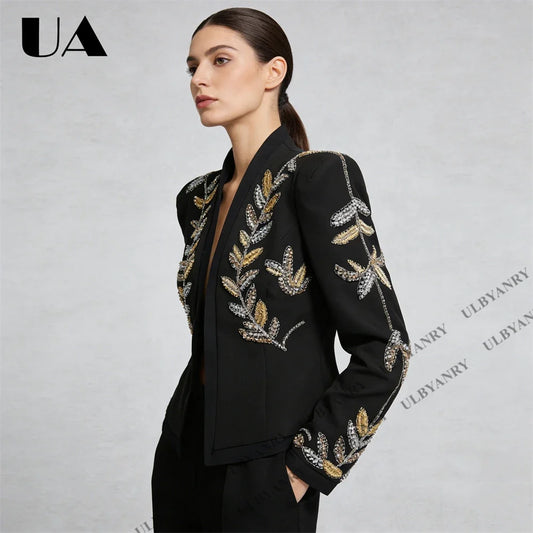 Spring 2026 Women Suit Jacket Gold & Silver Leaf Beaded Embroidery Red Carpet Gala Event Luxury Blazer for Formal Occasions
