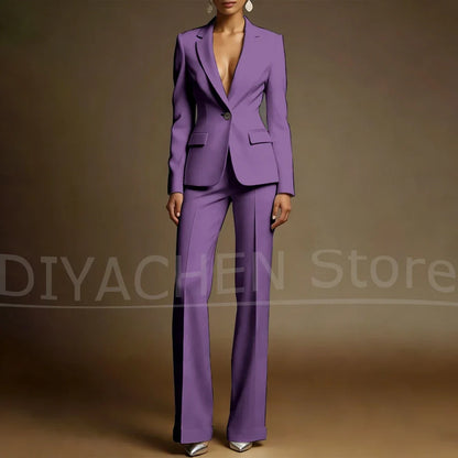 Women's White Suit Set Slim Fit Two Piece Jacket and Wide Leg Pants Office Casual Formal Occasions Elegant Female Outfit