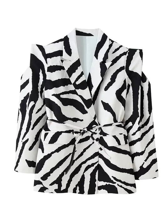 Women Zebra Print Blazer Jacket Elegant Belted Suit Coat Structured Shoulder Blazer Office Lady Streetwear Outerwear