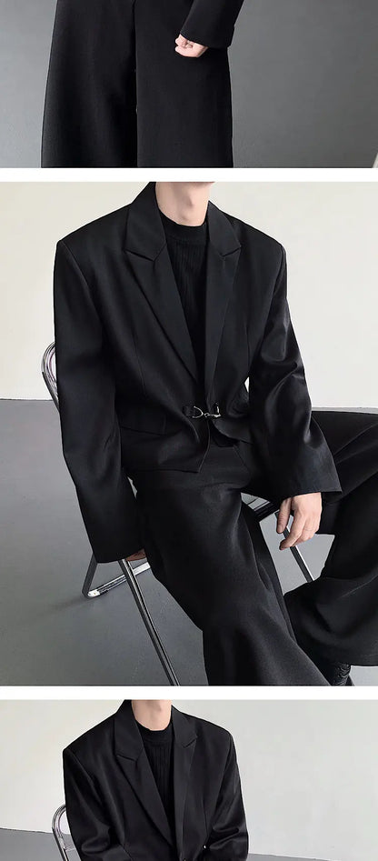 Fashion Korean Elegant Metal Buckle Placket Loose Blazer Coat Men 2025 New Solid Color Trendy Casual Male Clothes JY3447