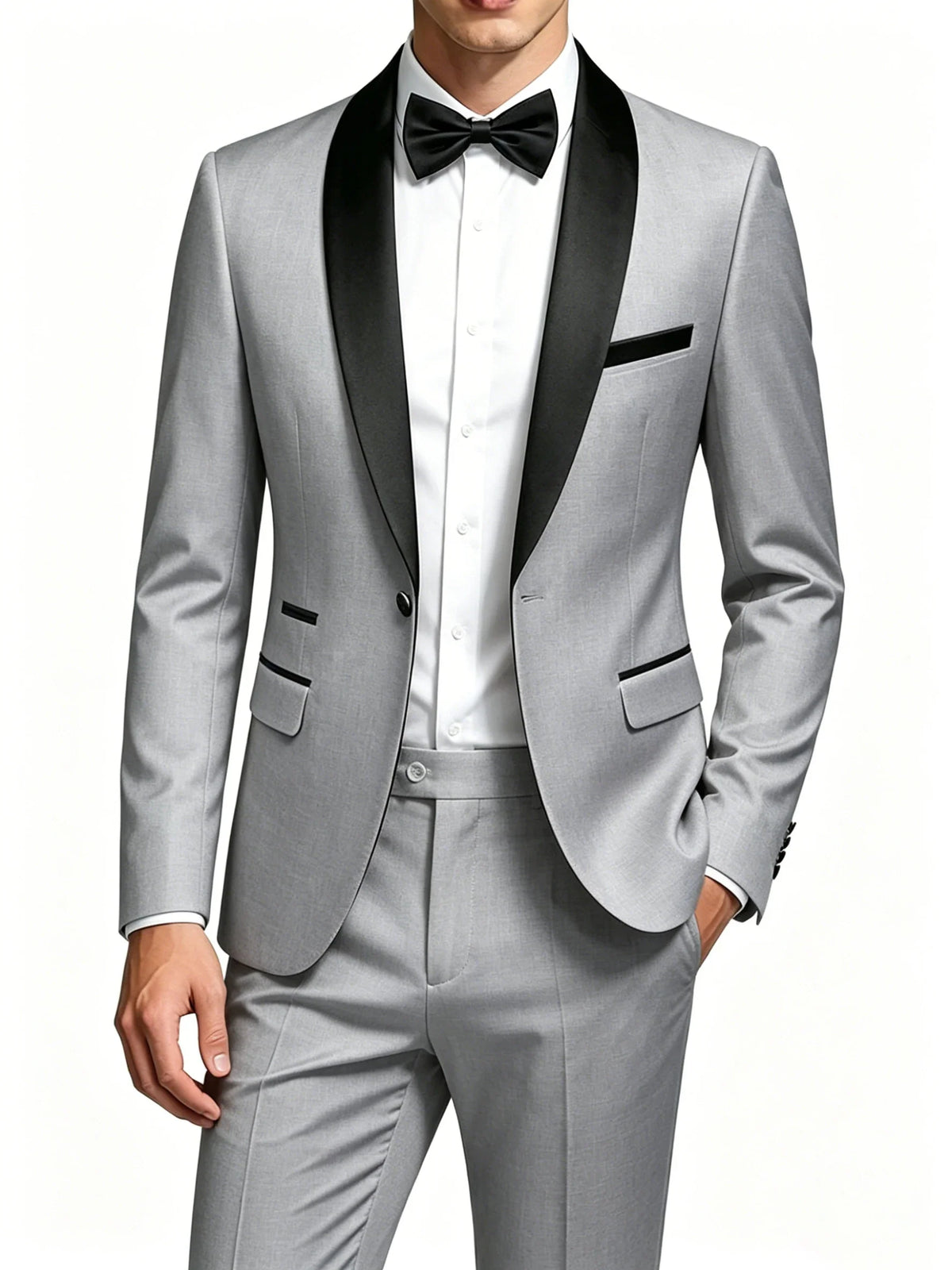 Men's 2-Piece Slim Fit Tuxedo Suit – Black Satin Shawl Lapel for Wedding, Prom & Formal Events