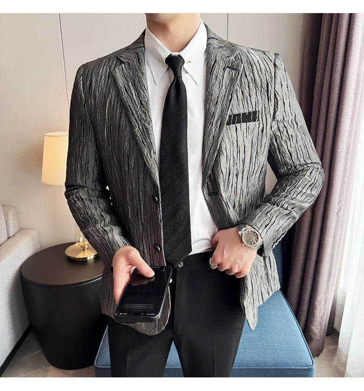 Korean Trend 3D Pleated Suit Jacket for Men Wedding Groom Business Dress Jacket Casual Banquet Party Host Blazer Masculino