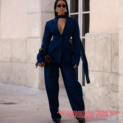 Professional Women's Jacket+Pants Sets Single Breasted Notch Lapel Suit 2Piece Chic Business Evening Party Outerwears