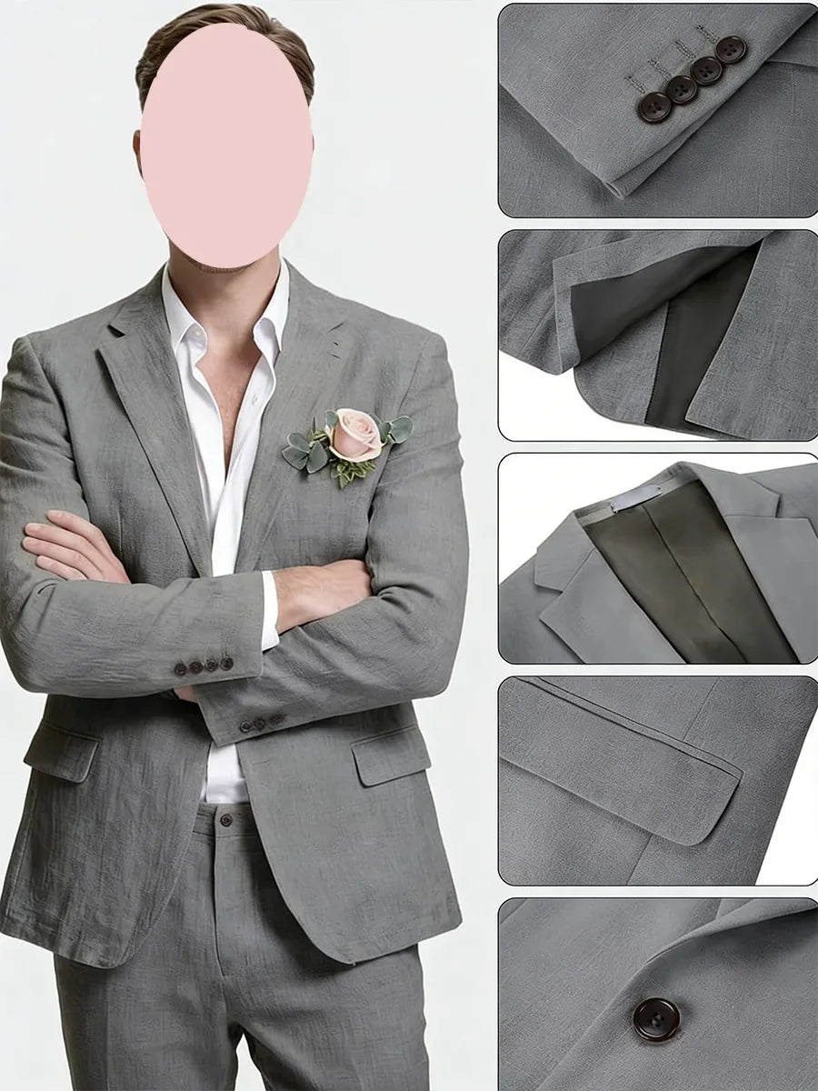 Linen Suits for Men Retro Casual Slim Fit Suit Beach Prom Dress Tux 2 Pieces Set Wedding Groomsmen One-Button Jacket Blazer Pant