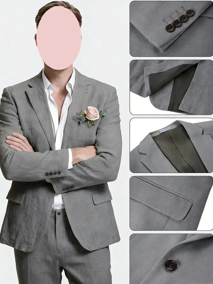 Linen Suits for Men Retro Casual Slim Fit Suit Beach Prom Dress Tux 2 Pieces Set Wedding Groomsmen One-Button Jacket Blazer Pant