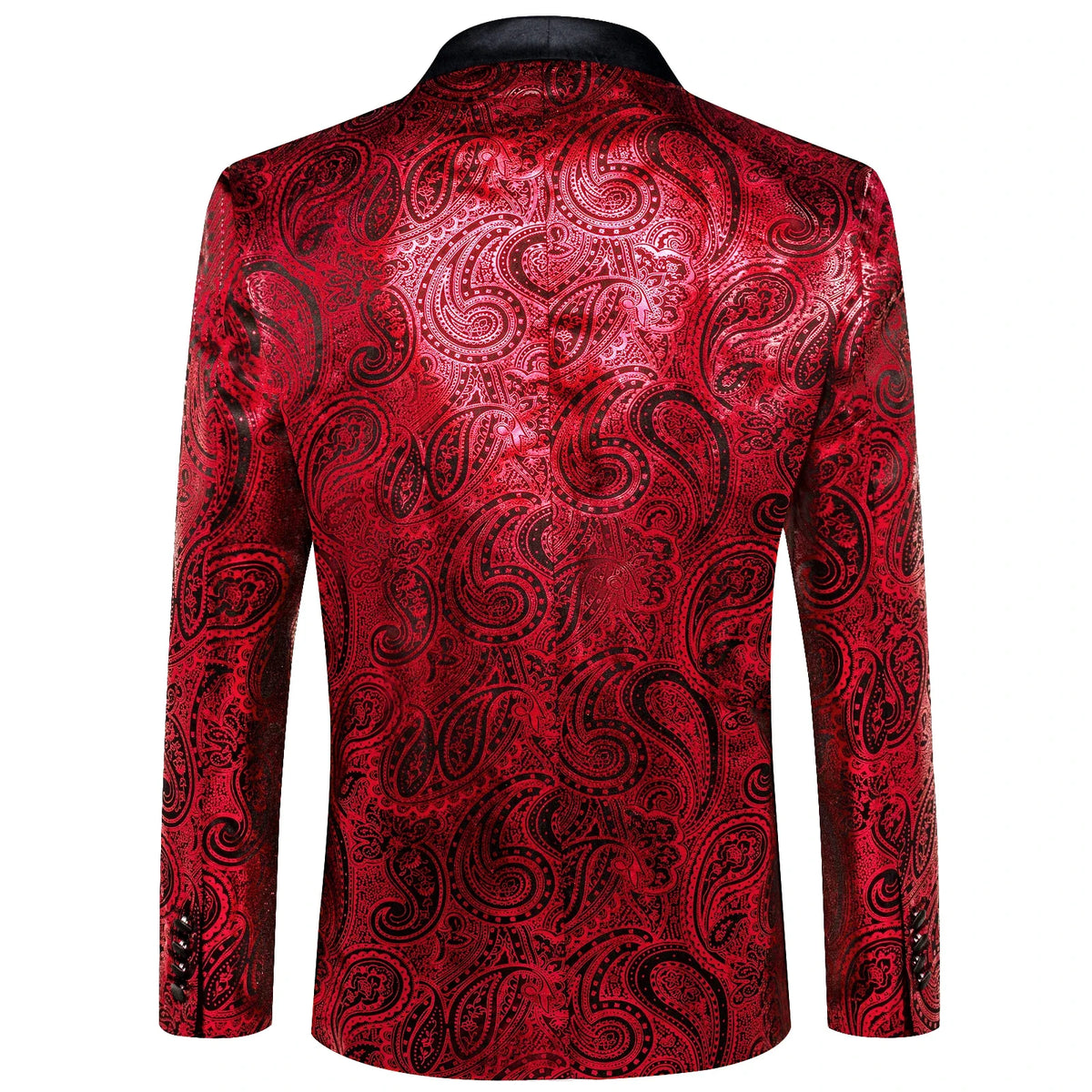 Red Paisley Jacquard Mens Tuxedo Blazer, Black Satin Shawl Lapel Single Button Slim Suit Jacket for Wedding Stage Banquet Party
