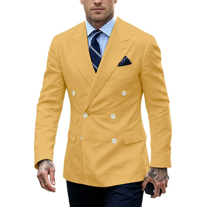 Men's Double Breasted Blazer Slim Fit Linen Suit Jacket Formal Business Casual Tuxedo for Wedding Prom Office Party Daily Wear