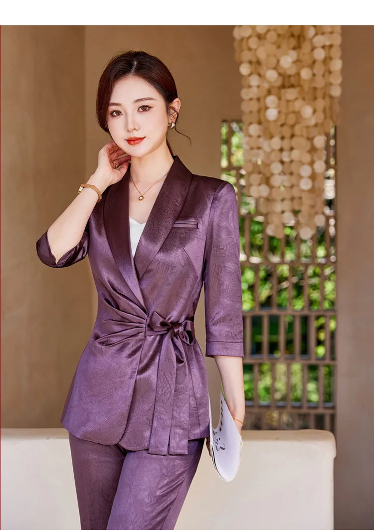 Designer Splicing Women Senior Luxurious Blazer Suit Pants Set Soft Satin Silk Office Lady Solid Coat Big Size Elegant Jacket