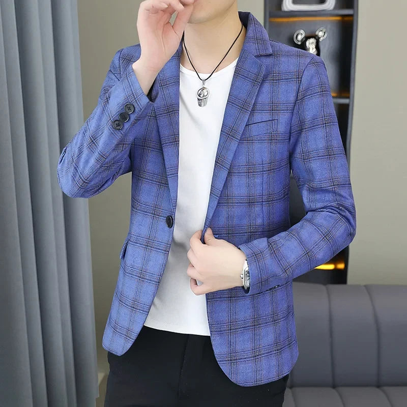 2026 Blazer Outdoor men's checked fashion business trend Wedding Slimming Gentleman Casual Korean travel high formal Wear Blazer