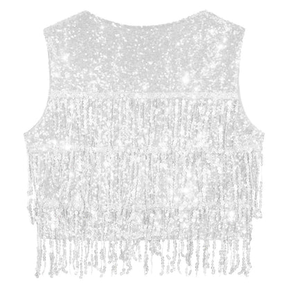 Women's Tassel Sleeveless Waistcoat Shiny Sequins Vest Glitter Fashion Open Front Vests Disco Jazz Dance Music Festival Clubwear
