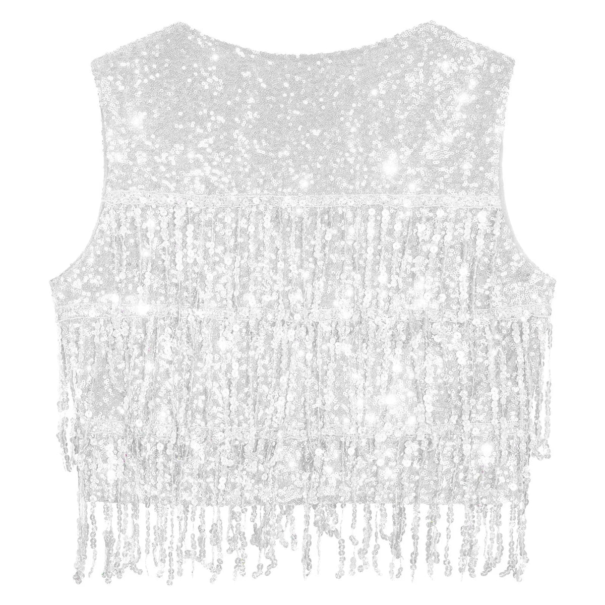 Fashion Sequins Vests Women's Tassel Sleeveless Waistcoat Jazz Dance Costume Shiny Vest 80s Disco Music Festival Party Clubwear