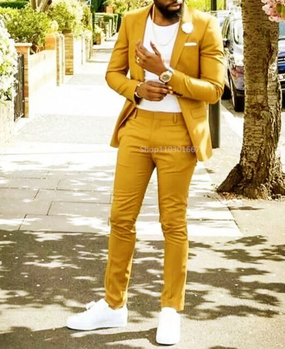 Casual 2 Piece Men Suits Slim Fit Notch Lapel Single Breasted Jacket Wedding Groom Tuxedos Business Suits Set (Jacket+Pants)