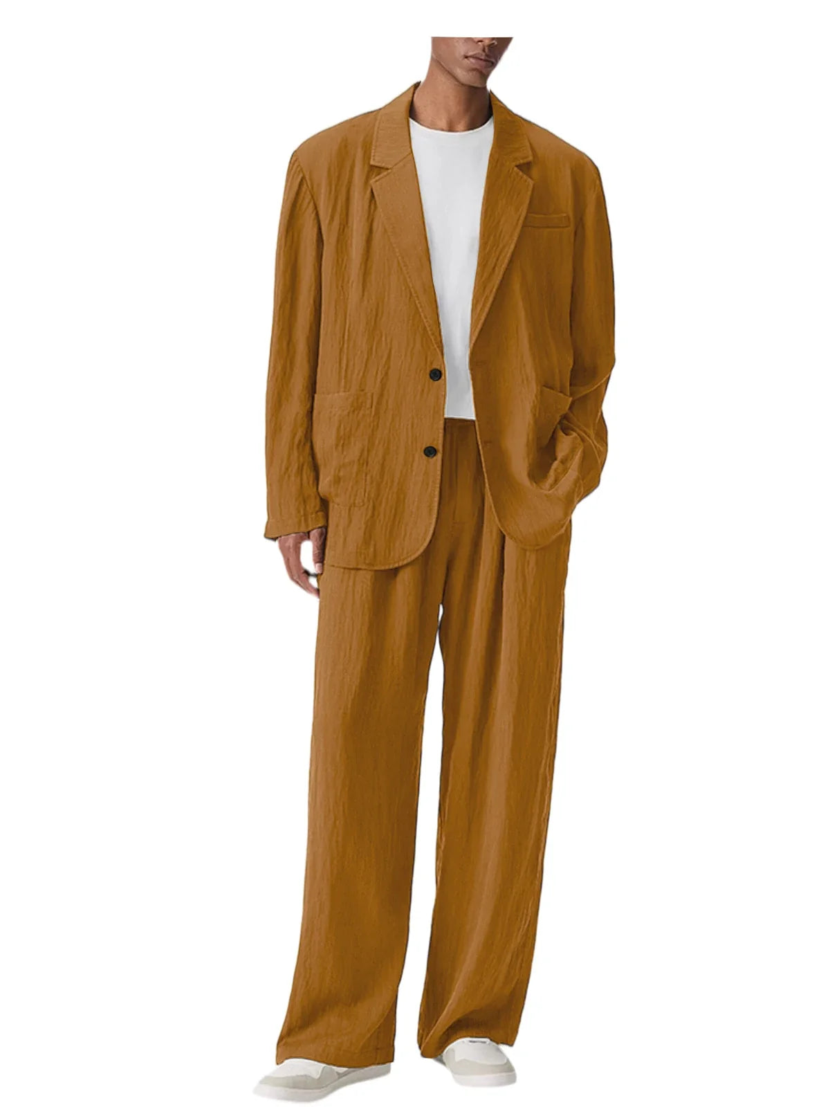 Men's Linen Blend Wrinkled Two Piece Suit Loose Two Button Blazer Wide Leg Trousers Casual Vacation Daily Soft Breathable Outfit