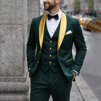 Men Suit Dark Green 3 Piece With Gold Lapel Single Button For Wedding Birthday Banquet Party Business Work Jacket Vest Pants