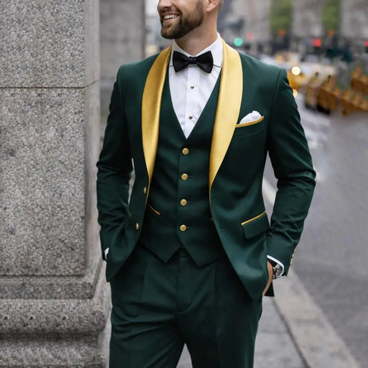 Men Suit Dark Green 3 Piece With Gold Lapel Single Button For Wedding Birthday Banquet Party Business Work Jacket Vest Pants