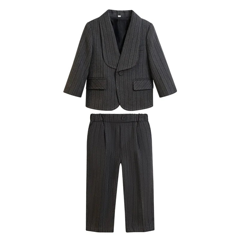 Kids Striped Suit Set Flower Boys Wedding Outfit Children's Jacket Vest Pants Bowtie Brooch 5Pieces Spring Autumn Clothes Set