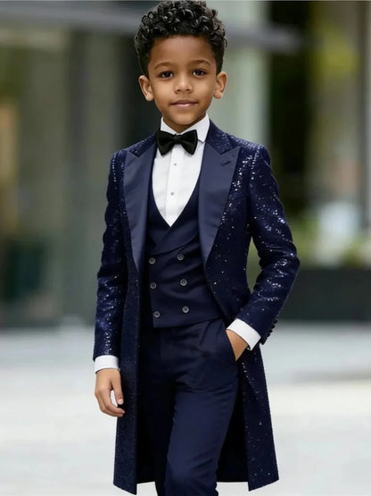 New Boys Sequined Long Jacket Suit Set 3 Pieces Formal Party Wear Handsome Chic Peak Lapel Kids Tuxedo For Birthday 2-20T
