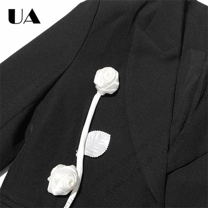 Unique Design Women’s Blazer – Black, 3D White Rose, Long Sleeve, Button Closure, Work Date Jacket Office Casual Jacket