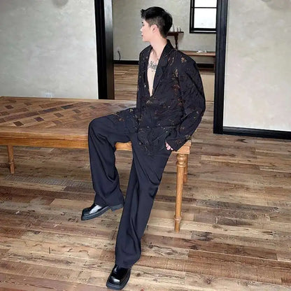 Jacquard Design Casual Suit Jacket High Street Personalized Stylish Loose Blazers Coat Elegant Korean Men Clothing LZ5013