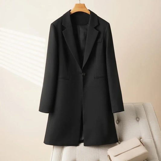 Elegant mid-length black womens blazer for autumn and winter simple one-button design with a slimming drape effect suitable for commuting