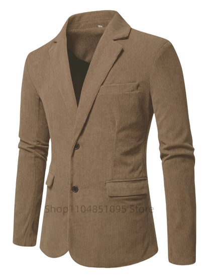 Men High Quality Business Suit Jackets Man Slim Fit Brown Corduroy Notch Lapel Two Buttons Blazers Man Casual Suit Only One Coat