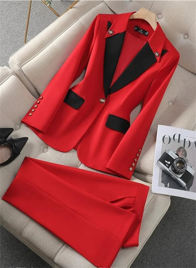 Fashion Red Black Beige Women Pant Suit 2 Piece Set Office Ladies Female Business Work Wear Formal Blazer Jacket And Trouser