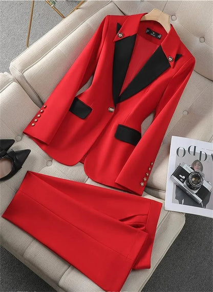 Fashion Red Black Beige Women Pant Suit 2 Piece Set Office Ladies Female Business Work Wear Formal Blazer Jacket And Trouser