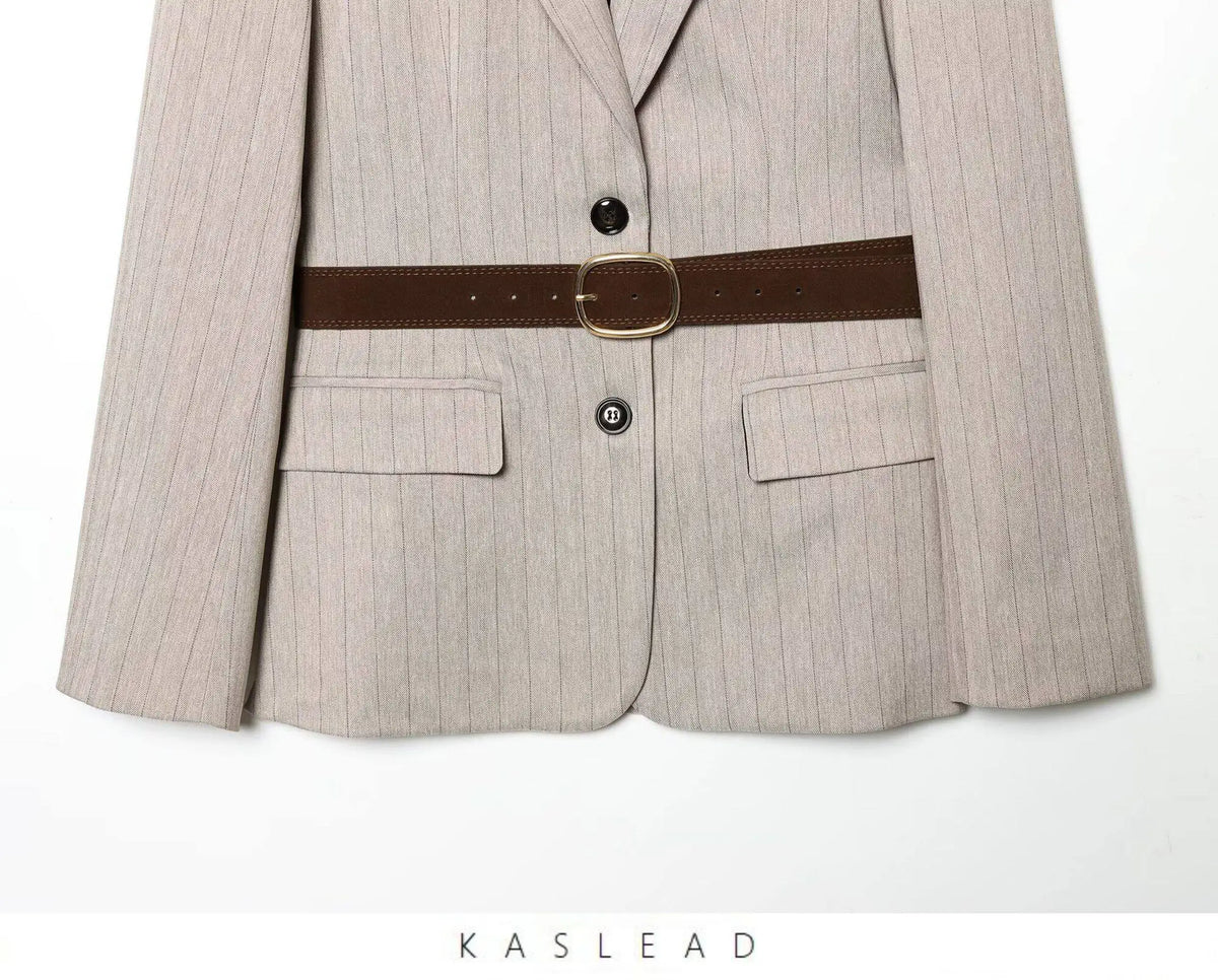 Women Khaki Striped Blazer Jacket Y2k 2000s Vintage Suit Coat Long Sleeve Single Breasted Oversize Outerwear Spring Autumn 2025