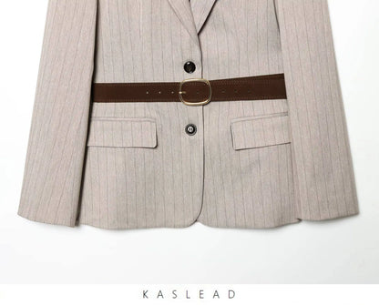 Women Khaki Striped Blazer Jacket Y2k 2000s Vintage Suit Coat Long Sleeve Single Breasted Oversize Outerwear Spring Autumn 2025