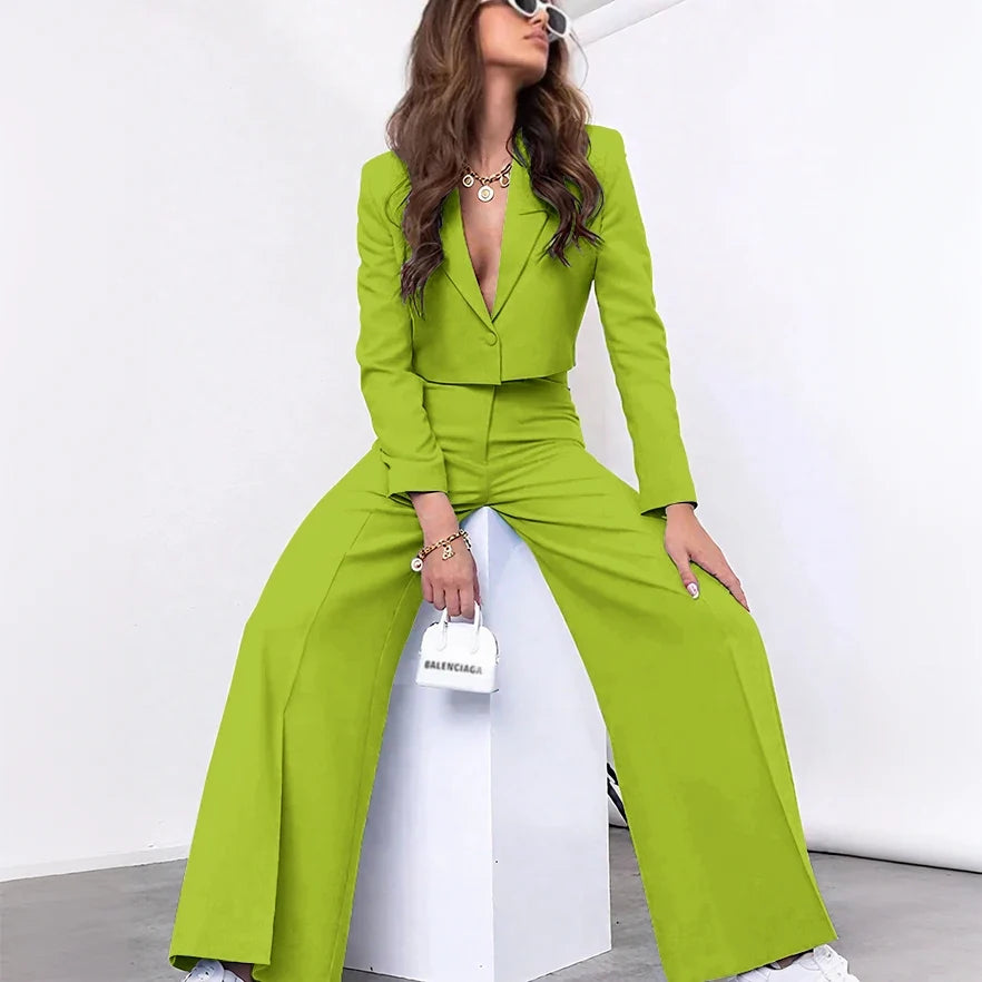Single-grain Buckle Women Suit Two Pieces(Short Jacket+Pants) Peaked Lapel Office Lady for Business Daily Shopping Set Custom