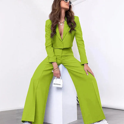 Single-grain Buckle Women Suit Two Pieces(Short Jacket+Pants) Peaked Lapel Office Lady for Business Daily Shopping Set Custom