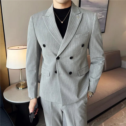 (Jacket + Vest + Pants)Three Piece Set Men Blazers Set stripe Suits Busines Casual Slim Fit Formal Dress Groom Tuxedo Wedding