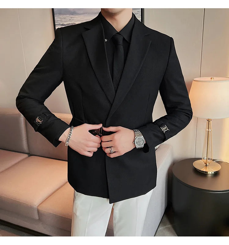 Men's Slim Fit Blazer Metal Buckle Decoration Smart Casual Wedding Party Jacket