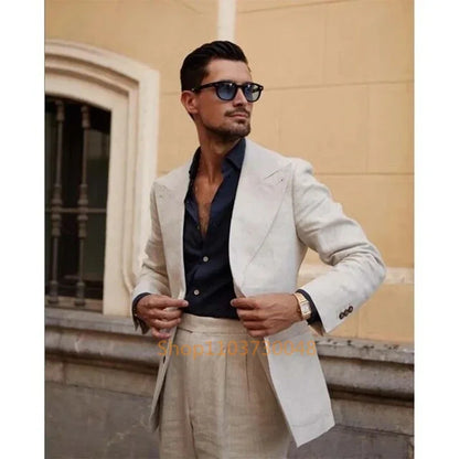 Men's Beige Linen 2-Piece Suit – Peak Lapel Slim Fit for Weddings & Summer Formal Occasions