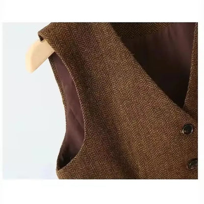 Vintage V-neck Casual Vest Jacket Women British Style  Loose Sleeveless Waistcoat 2025 New Spring Summer Buttons Ladies Outwear