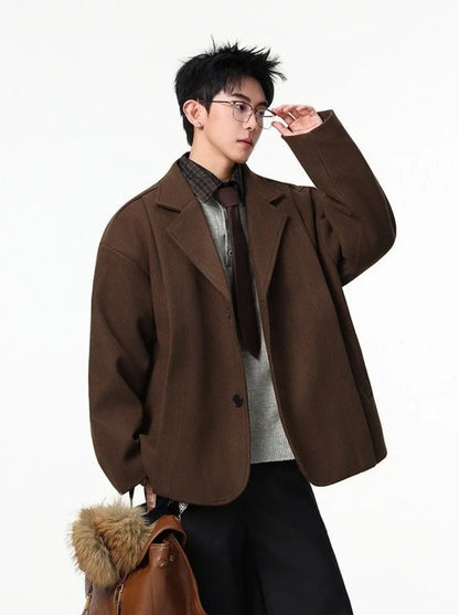 Men's British Style Brown Wool Blend Blazer Korean Loose Lapel Chic Autumn Fashion Suit Jacket